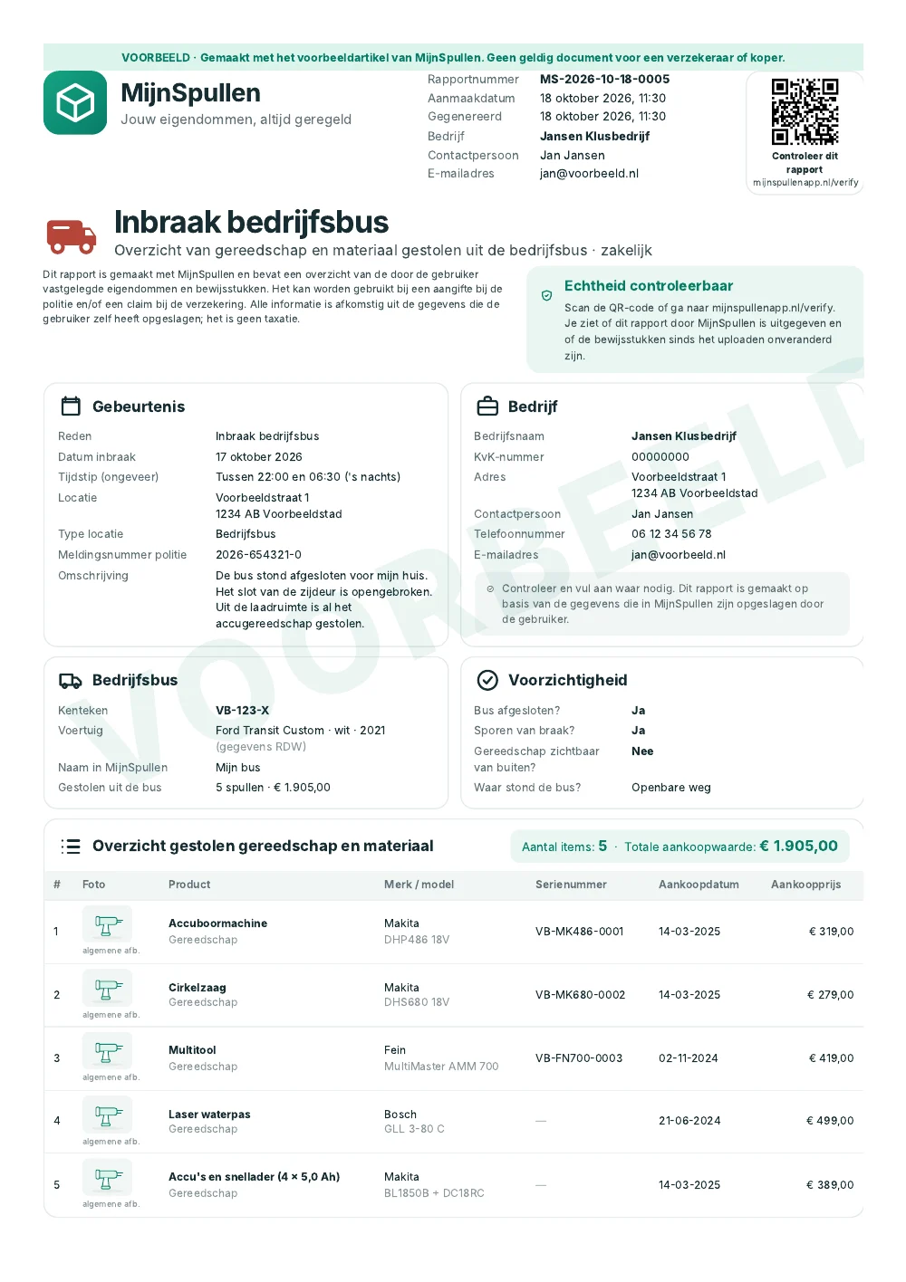 Voorbeeld van het rapport Inbraak bedrijfsbus met kenteken, voorzichtigheid en een lijst met gestolen gereedschap en serienummers