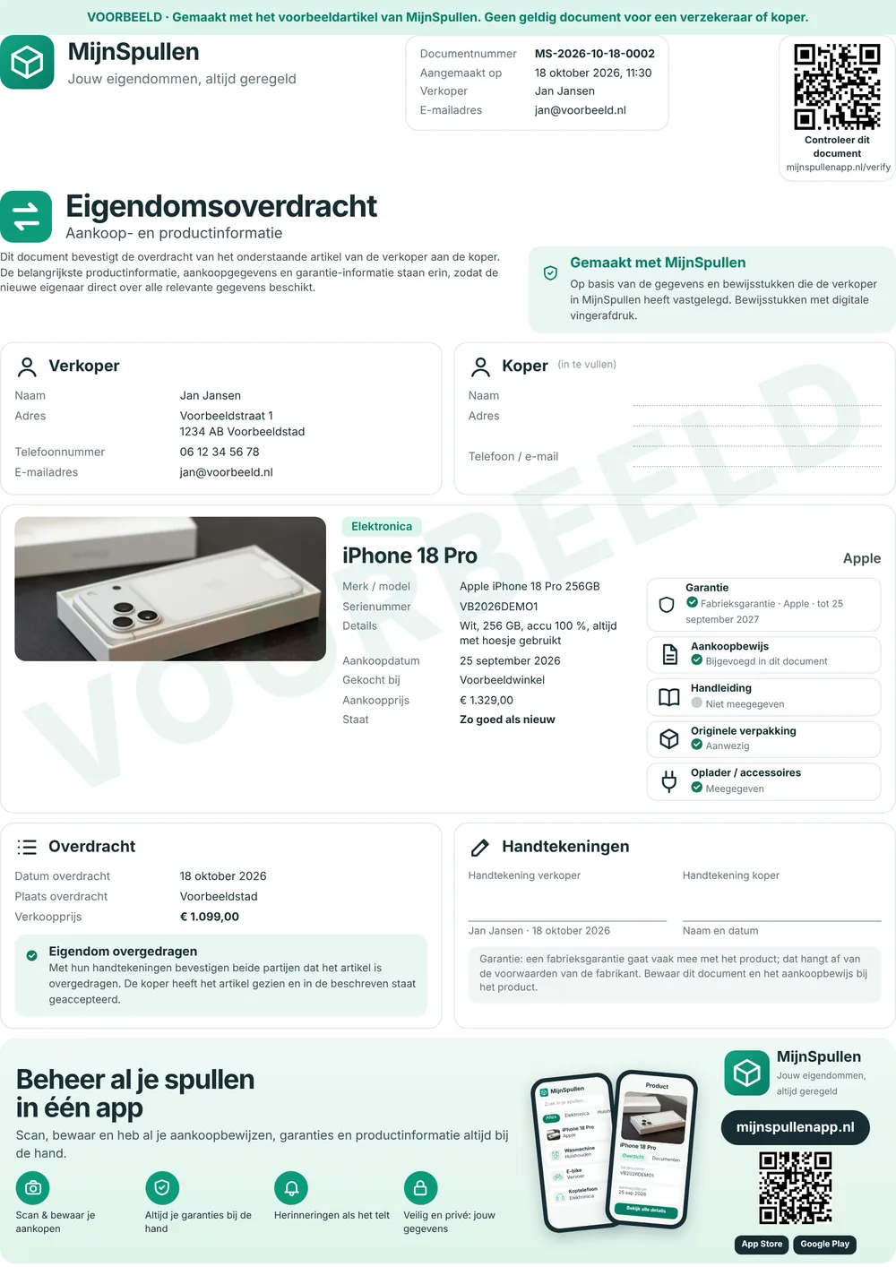 Voorbeeld van een document voor eigendomsoverdracht van MijnSpullen met verkoper, koper, productgegevens, garantie, aankoopbewijs en handtekeningen