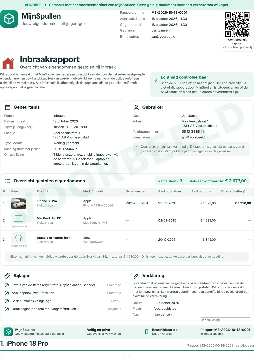Voorbeeld van een inbraakrapport van MijnSpullen met gebeurtenis, gebruiker, een overzicht van drie gestolen spullen met aankoopprijs, bijlagen en een verklaring